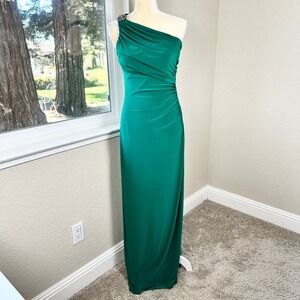 Lauren Ralph Lauren Emerald Green One Shoulder Ruched Evening Gown Women 8 Dress